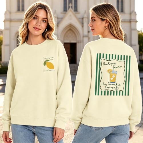 BINTEHGS Christian Sweatshirts For Women My Jesus Making Lemonade Graphic Faith Crewneck Pullover Religious Long Sleeve Shirt - color: Apricot, size: Large