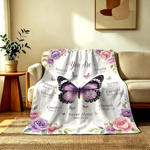 Purple Butterfly Scripture Throw Blanket, Inspirational Christian Blanket with Bible Verses, Cozy Religious Butterfly Gift Blanket for Women, 60 x 80 Inch - color: Christian Scripture Butterfly, size: 60*80IN