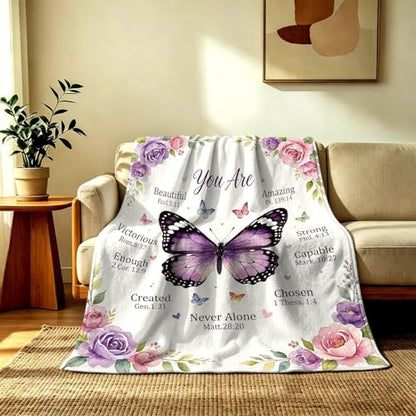 Purple Butterfly Scripture Throw Blanket, Inspirational Christian Blanket with Bible Verses, Cozy Religious Butterfly Gift Blanket for Women, 60 x 80 Inch - color: Christian Scripture Butterfly, size: 60*80IN