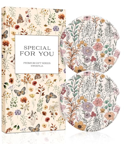 Swooflia Floral Absorbent Ceramic Car Coasters Set of 2, Cute Botanical Wildflower Cup Holder Coasters for Car, Pink Purple Floral Car Accessories for Women, Unique Gifts for Mom, Friends, Coworkers - color: Pink-purple Flower