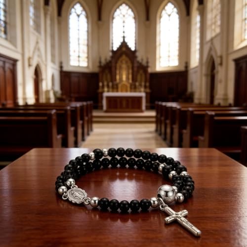 Cross Rosary Bracelet for Women Handcrafted Crystal Virgin Mary Cross Beaded Bracelets Christian Faith Link Bracelets Crucifix Religious Christian Faith Jewelry - color: Black