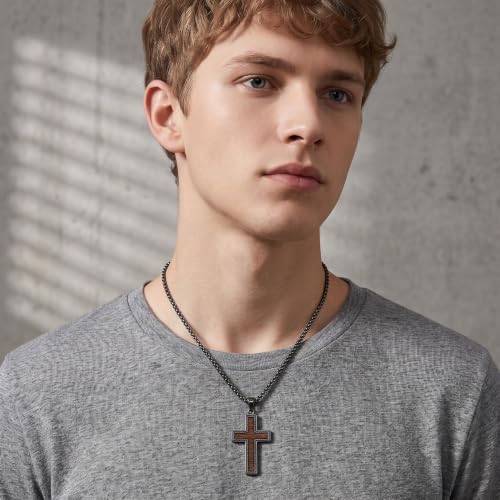 Cross Necklace for Men 925 Sterling Silver & Wood Cross Pendant with Stainless Steel Chain Cross Necklace for Men Women Christian Jewelry Gift - color: Cross-3