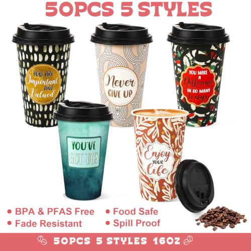 50 Pack 16 oz Disposable Coffee Cups with Lids Black Green - style: Brown, Black and Green Inspirational Quotes