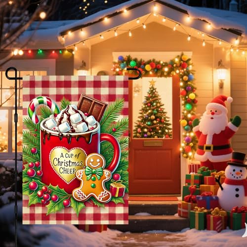 BlissYard Christmas Hot Cocoa Garden Flag 12x18 Double Sided Gingerbread Candy Cane Holly Berry A Cup of Christmas Cheer Yard Flag Winter Outdoor Garden Decor Holiday Lawn Porch Patio Seasonal Banner - color: Candy Cane