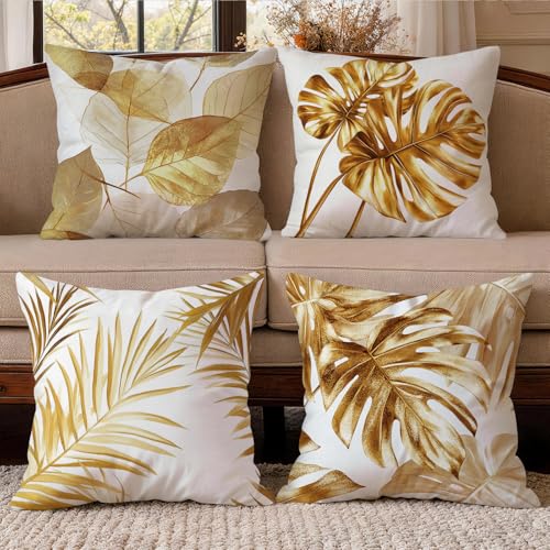 OBSEDE Golden Leaf Throw Pillow Covers 18 x 18 Set of 4 Single Side Print - color: Gilded Botanical Line Drawing, size: 18" x 18" (Pack of 4)