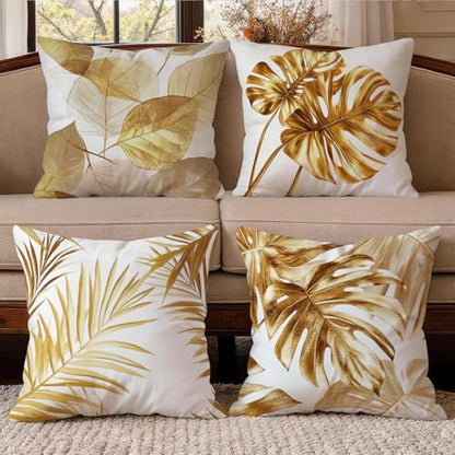 OBSEDE Golden Leaf Throw Pillow Covers 18 x 18 Set of 4 Single Side Print - color: Gilded Botanical Line Drawing, size: 18" x 18" (Pack of 4)