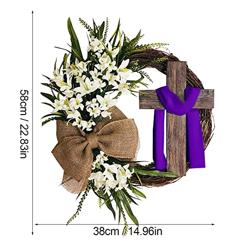 Easter Cross Wreath with Burlap Bow, Spring Wreath for Front Door, Easter Wreath Door Sign Hanging Decorations Wooden Jesus Hanger for Farmhouse Home Patio Porch Wall Christian Gift (Purple) - color: Purple