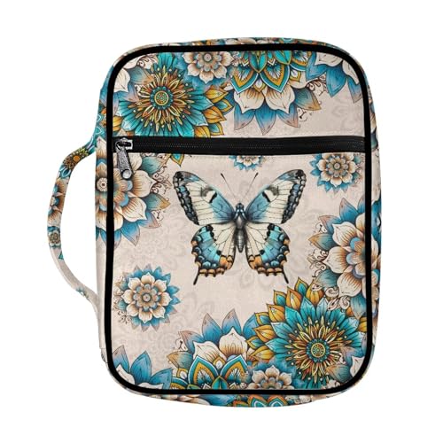 Suobstales Boho Butterfly Print Bible Cover Portable Carrying Book Case Multi-Functional Bible Organizer Case with Handle and Zippered Back Pocket - color: Boho Butterfly