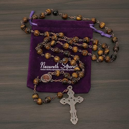 Nazareth Store Natural Stone Beads 8mm Rosary Necklace Antique Copper Design Holy Soil Medal & Cross in Velvet Bag - Catholic Rosaries Terra Santa Jerusalem Collection - color: Tiger Eye
