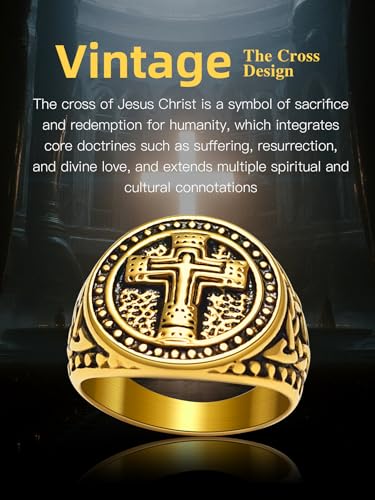 Christian Cross Rings for Men - Stainless Steel Jesus Jewelry with Celtic Knot Sides (Gold/Black/Silver) - Catholic Religious Gift, Size 7-13 - color: F-Gold-Jesus
