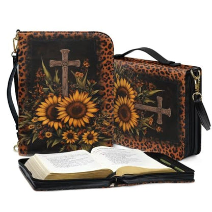 Book Covers Bible Covers for Women Men Large Size Bible Bag Tote - color: A Leopard Cross Sunflowers, size: Medium