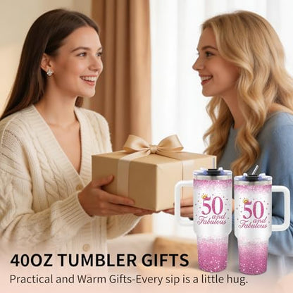 50th Birthday Gifts for Women Her, 1976 50th Birthday Tumbler 40 oz with Handle and Straw, 50 Year Old Gift for Women Mom Wife Sister Friend - Fifty and Fabulous Tumblers - color: Fifty1
