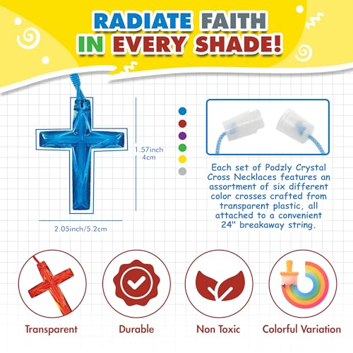 Podzly 48 Pieces Crystal Cross Necklaces - Small Plastic Crosses for Religious Party Favors, Sunday School & Vacation Bible School - Crystal Cross Necklace, Bulk Cross Necklace