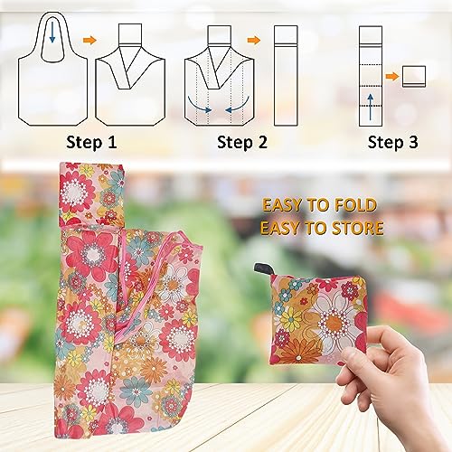 Cute Reusable Grocery Bag, 4 Pack 50Lbs compact Foldable shopping bag - color: Flower & Leaves 4 Pack
