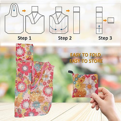 Cute Reusable Grocery Bag, 4 Pack 50Lbs compact Foldable shopping bag - color: Flower & Leaves 4 Pack