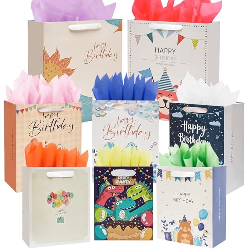 8 Pack Happy Birthday Gift Bags with Handles Tissue Paper Assorted Sizes