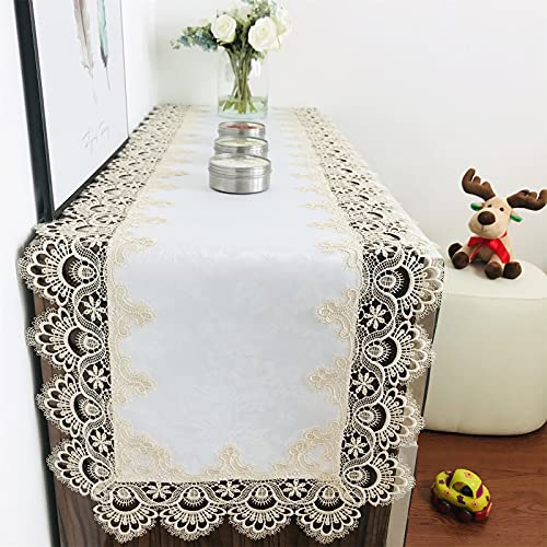 Lace Tablecloth Rectangle Fabric Washable Beige 16x70inch - color: H17191-beige-1, size: 16*70
