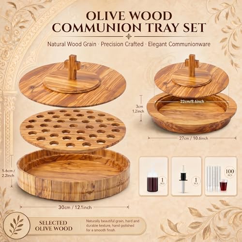 Zhehao 2 Pcs Wood Communion Set for Church, Holy Communion Serving Tray and Bread Plate with Lid Cup Filler and Disposable Cups Elegant Worship Supplies for Church Service (Olive Wood Style) - style: Olive Wood Style