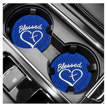 2PCS Car Cup Holder Coaster, 2.76 Inch PVC Anti Slip Car Cup Insert Coaster with Blessed Cross and Heart, Shockproof Dustproof Drink Mat Universal for Most Vehicles Interior (Blue) - color: Blue