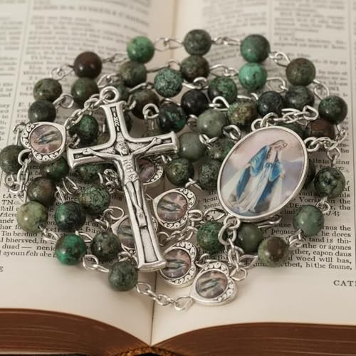 Nazareth Store Natural Stone Beads with Miraculous Epoxy Heart Metal Beads Rosary Necklace Gemstone Christian Gifts - color: Jasper