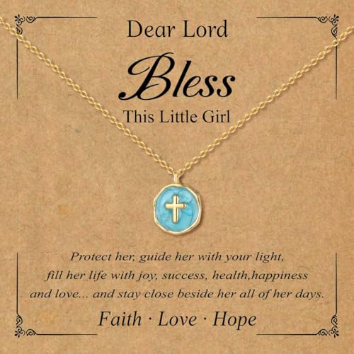 Gold Enamel Mini Cross Necklace Tiny Mother of Pearl Cross Necklace Religious Christian Gift for Baptism First Communion Christmas - color: bless this girl cross necklace-blue