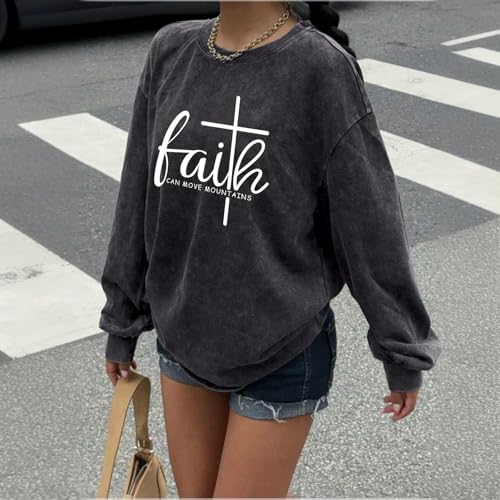 Christian Shirts for Women Faith Can Move Mountains Acid Wash Shirt Jesus Religious Bible Verse Long Sleeve Top - color: Black, size: Large