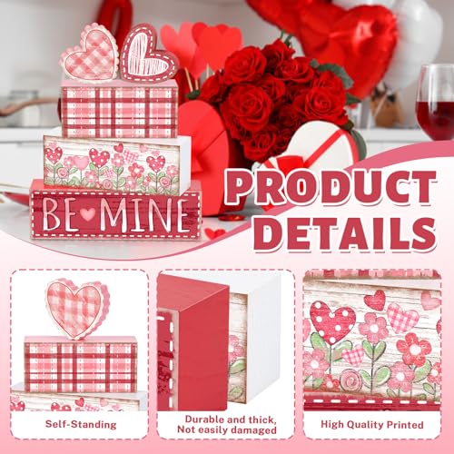 Britimes Tiered Tray Decor Set, 4 Pack, Wooden Table Sign, Valentine Flower - color: Valentine’s Day Pink Hearts