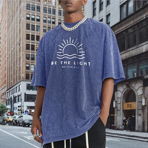 Christian Be The Light Shirts for Men Jesus God Faith Religious Bible Verse T Shirt Oversized Acid Wash Graphic Tees - color: Blue, size: Small