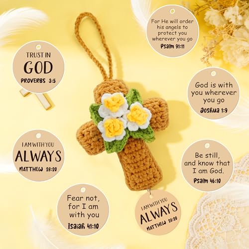 Crochet Cross with Flowers – Christian Car Air Freshener, Rearview Mirror Hanging Accessories, Bible Verse Car Decor, Christian Car Accessories, Religious Gifts for Women
