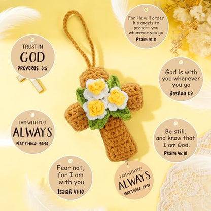 Crochet Cross with Flowers – Christian Car Air Freshener, Rearview Mirror Hanging Accessories, Bible Verse Car Decor, Christian Car Accessories, Religious Gifts for Women