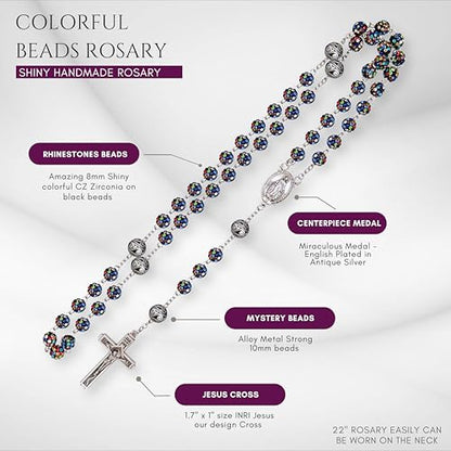 Nazareth Store Rhinestones Crystal Beads Rosary, Catholic Rosary Necklace with Silver Miraculous Medal INRI Crucifix, Multicolor Rosaries in a Gift Case - color: Colorful with Metal Beads
