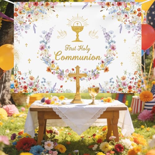 AIBIIN Wildflower First Holy Communion Backdrop Mi Primera Comunión Party Banner Elegant Floral Baptism Background Gold Chalice Cross Party Decoration 6x3.6ft - color: First Holy Communion, size: 6x3.6ft