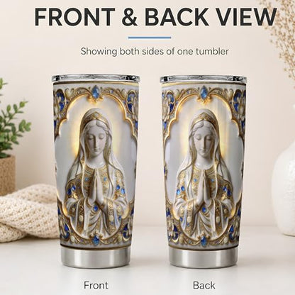 Virgin Mary Ornate Jewel Art 20oz Tumbler, Virgin Mary Tumbler for Daily Drinkware, White Gold Prayer Statue Illustration, Catholic Devotional Cup, Religious Design for Women Men - color: Virgin Mary 2