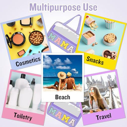 Chenille Letter Clear Makeup Bags Mama Tote, Preppy Patch Makeup Bag Zipper with Handle, Waterproof PVC & Nylon Portable Glitter Large Cosmetic Travel Toiletry Storage Bag for Women Girls(MAMA-Purple) - color: MAMA-Purple