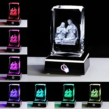 YWHL 3D Crystal Nativity Scene Figurines with Colorful Base Laser Engraved Holy Family Statues for Religious Gifts for Women Men on Christmas Christian Catholic Church Collectible Keepsakes - color: Nativity Set