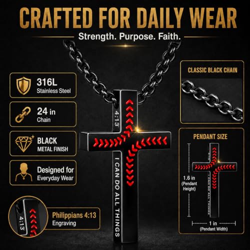 Black Baseball Cross Necklace for Men, Philippians 4:13 Bible Verse