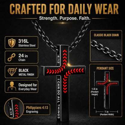 Black Baseball Cross Necklace for Men, Philippians 4:13 Bible Verse