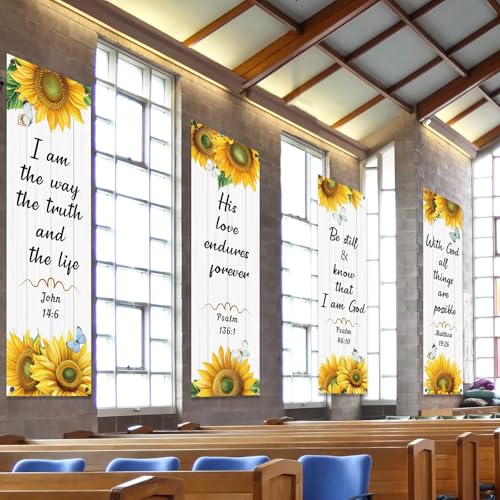 4Pcs Church Banners for Sanctuary Wall Welcome Religious Banners Hanging Backdrop Scripture Inspirational Praise Signs Bible Verses Banner Scripture Hanging Signs for Church School Decor(Sunflower) - style: Sunflower Worship Christian