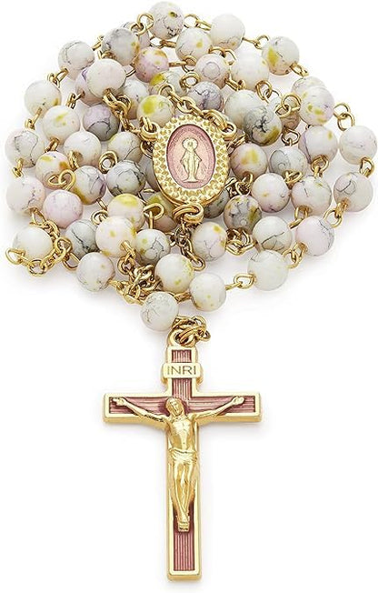 Mondo Cattolico Rosary Beads catholic for Women and Men from Vatican, Miraculous Virgin Rosary with Variegated Glass on a Gold Plated Brass Chain - Perfect Catholic gifts - color: Gold, Pink, White