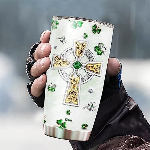 WAZONE Personalized St Patricks Day Tumbler With Lid Custom Name Stainless Steel Insulated Travel Mug Customized Gifts Green Shamrock Triquetra Celtic Knot Cross Ireland For Women Christian - color: Patricks