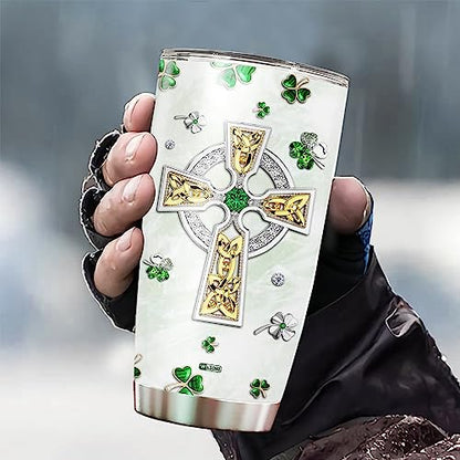 WAZONE Personalized St Patricks Day Tumbler With Lid Custom Name Stainless Steel Insulated Travel Mug Customized Gifts Green Shamrock Triquetra Celtic Knot Cross Ireland For Women Christian - color: Patricks