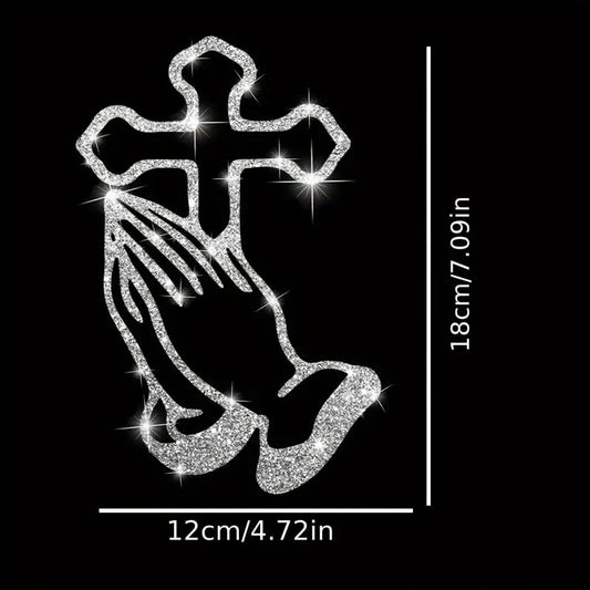2PCS Sparkling Glittering Praying Hands Cross Self-Adhesive PVC Rainbow Glittery Decal Sticker for Cars, Laptops, Trucks, Motorcycles Wall Window Luggage Scratch Cover Door Multi-Surface Decor Sticker