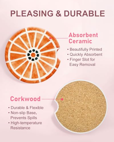 Swooflia 2 Pack Absorbent Ceramic Car Coasters for Women - color: Orange Lemon