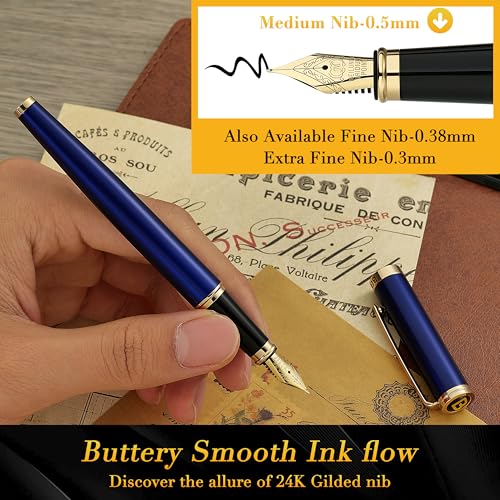 BEILUNER Blue Fountain Pen,Stunning Luxury Pens with 24K Gold Finish, Gorgeous 24K Gilded Nib(Medium), Fancy Pen Gift for Men&Women -Ink Converter-Elegant, Reliable,Nice Pen for Writing - color: Blue&Gold, style: Medium Nib