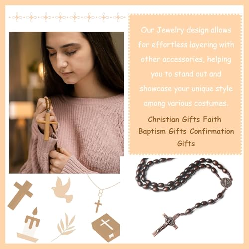 Roe Dolph Wooden Rosary Necklace for Women Catholic Rosary Beads with Cross Pendant Prayer Jewelry Religious Gifts for Travel and Daily Faith - color: D1-2PCS