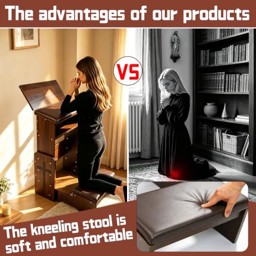 Adjustable Height Folding Prayer Bench with Book Rack – Solid Wood Kneeler for Home, Church, or Chapel – Customizable Ergonomic Posture to Relieve Knee & Back Pain During Long Prayer Sessions