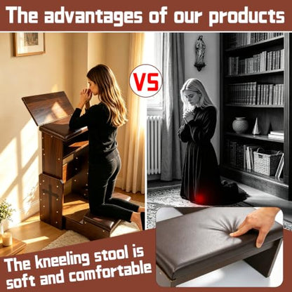 Adjustable Height Folding Prayer Bench with Book Rack – Solid Wood Kneeler for Home, Church, or Chapel – Customizable Ergonomic Posture to Relieve Knee & Back Pain During Long Prayer Sessions