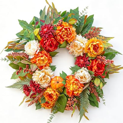 24 InchFall Wreaths for Front Door Autumn Wreath with Peony, Pumpkins - color: Orange1
