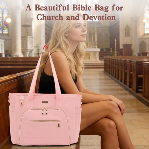 Large Bible Bag for Women, 2-in-1 Bible Tote with Detachable Embroidered Bible Cover & Study Supplies, Church Bible Study Bag, Gift-Ready Christian Gift for Women (Pink) - color: Pink