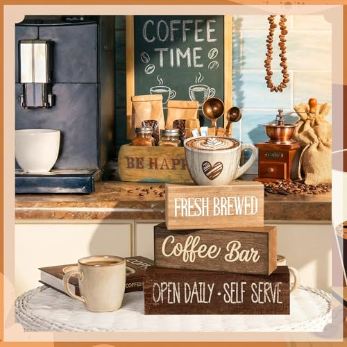 Moucuny 4 Pcs Farmhouse Coffee Bar Signs Decor Wooden Cafe Cup Signs - style: Coffee Bar Coffee Bar